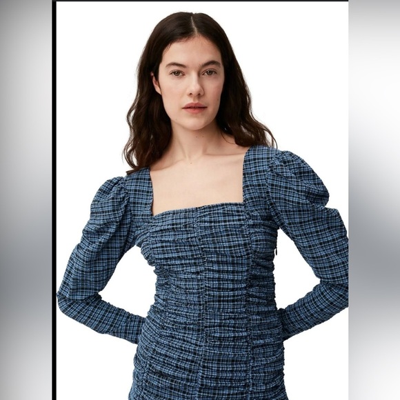 GANNI Ruched checked stretch-seersucker mini dress, Size 42 - Picture 14 of 16